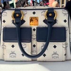 MCM USED Visetos Satchel White and Navy Women's Bag